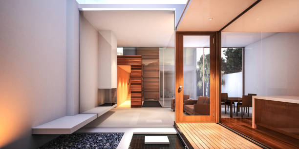 Transparent glazed ramp on ladder staircases in duplex with skylight