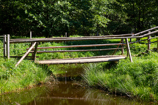Old wooden bridge in the forest crossing a small brook