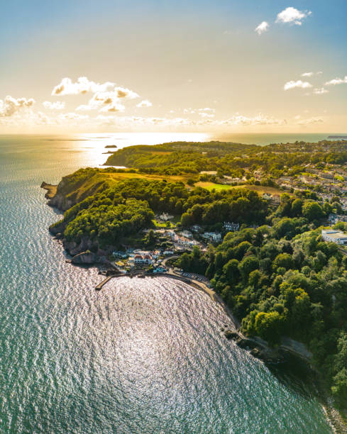 Meadfoot beach and coastline in Torquay Aerial view of Meadfoot beach and coastline in Torquay torquay uk stock pictures, royalty-free photos & images