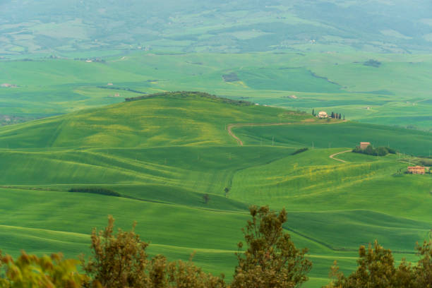 Pienza Orcia valley Tuscany Italy  , green landscape in spring from the outlook UNESCO world heritage site.