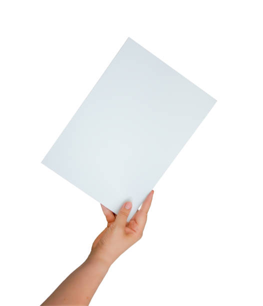 istock Female hand holding white A4 card isolated on white background. 1427533794