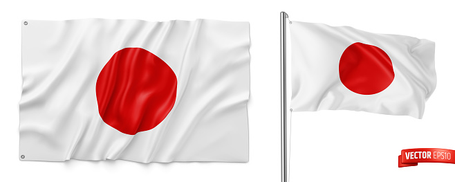 Vector realistic illustration of Japanese flags on a white background.