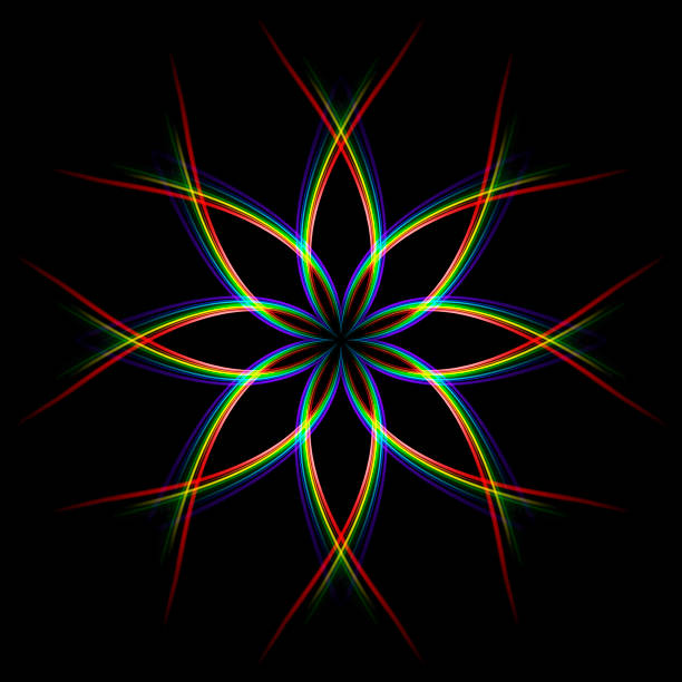 eight-pointed star design element made of colorful glowing lines on black