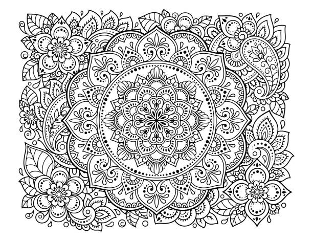 illustrations, cliparts, dessins animés et icônes de esquissez le motif floral dans le style mehndi pour la page du livre à colorier. antistress pour adultes et enfants. ornement doodle en noir et blanc. illustration vectorielle dessinée à la main. - mandala