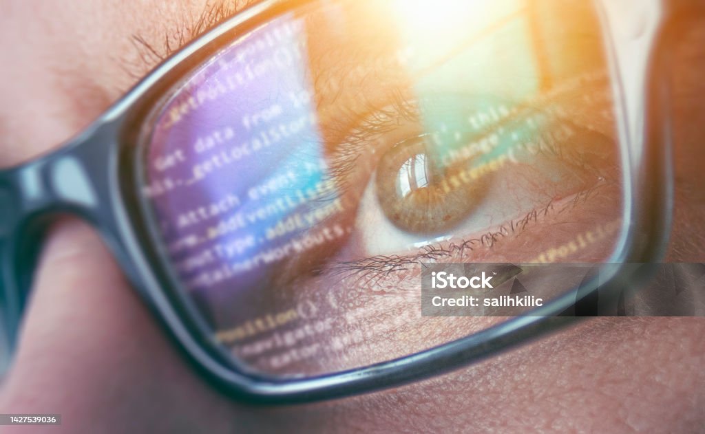 Code Reflection In Glasses Of Male Javascript Programmer Looking At ...