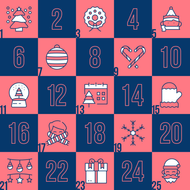 Advent Calendar icon template. Christmas advent calendar design. Christmas tree, snow, decorations, santa claus, christmas candy and more Advent Calendar icon template. Christmas advent calendar design. Christmas tree, snow, decorations, santa claus, christmas candy and more advent stock illustrations