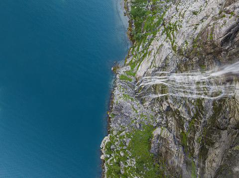 Scenic aerial view of Seven sisters  waterfall Geirangerfjord, Norway. Sunset