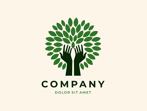 Ecology, environment, environment friendly, sharing, care or charity symbol. Growth concept. Eco vector illustration. Hands + Leaves.
