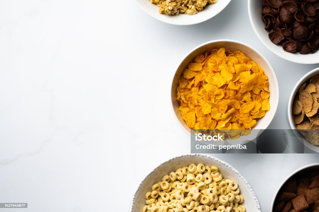 Cereals for breakfast over white marble table Above Stock Photo