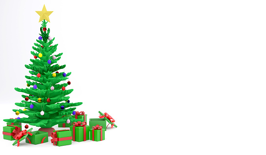 3D rendering Christmas three and presents on white background, 3d illustration Christmas concept