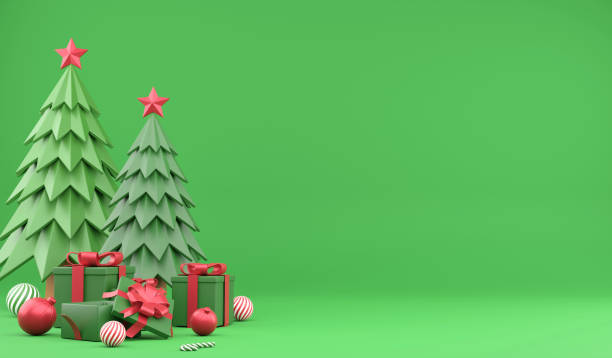 istock 3D rendering Christmas ornaments and space for copy space on green background, 3d illustration Christmas concept 1427541491
