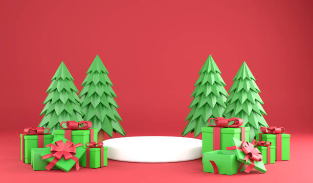 istock 3D rendering merry Christmas and white podium on red background, 3d illustration Christmas festival concept 1427541498