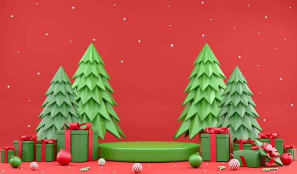 istock 3D rendering green podium and Christmas ornaments, 3d illustration snow backdrop on red background 1427541500