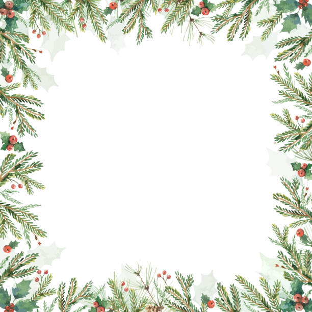 ilustrações de stock, clip art, desenhos animados e ícones de watercolor vector christmas card with fir branches and copy space. trendy square template for winter holiday. suitable for social media posting, mobile apps, postcard, new year invitations, banner design and web advertising. - christmas wreath holiday holly