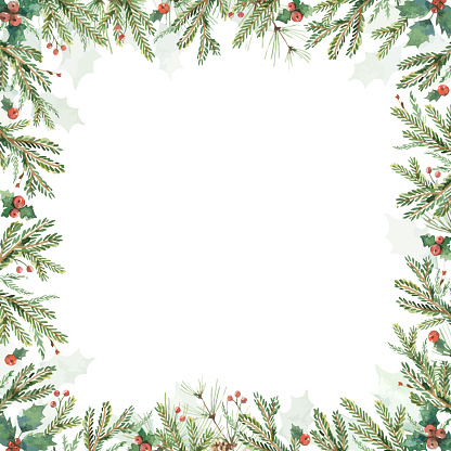 Watercolor vector Christmas card with fir branches and copy space. Trendy square template for winter holiday. Suitable for social media posting, mobile apps, postcard, New year invitations, banner design and web advertising.