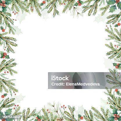 istock Watercolor vector Christmas card with fir branches and copy space. Trendy square template for winter holiday. Suitable for social media posting, mobile apps, postcard, New year invitations, banner design and web advertising. 1427542652