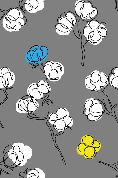 ukrainische baumwollblüten blumen vektormuster, endlose textur. weiße blumen auf grauem hintergrund mit blauen und gelben ua-farben - cotton flower textile textile industry stock-grafiken, -clipart, -cartoons und -symbole