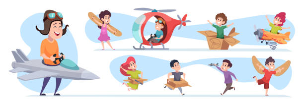 illustrations, cliparts, dessins animés et icônes de enfants aviateurs. les petites personnes rêvant de la profession de pilote enfants fabriquant des ailes vecteur exacts enfants jouant - action adventure aerospace industry air vehicle