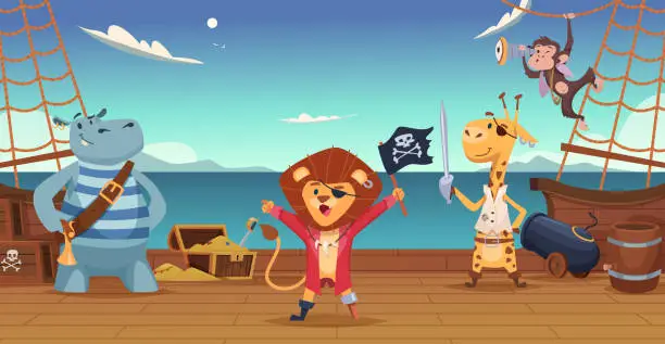 Vector illustration of Pirates background. Wild animals in pirate costumes on island with treasures exact vector zoo cartoon set