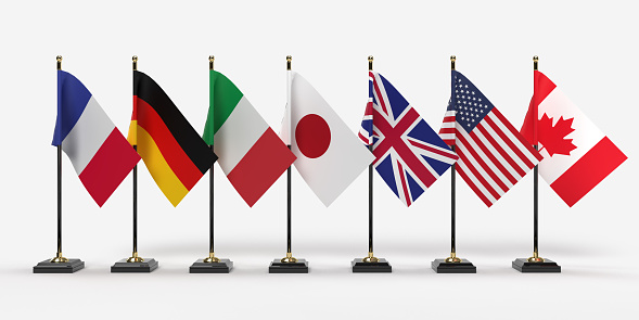 Flags of G7 group of seven and list of countries. Canada, USA states, Germany, Italy, France, Japan.  3d Rendering