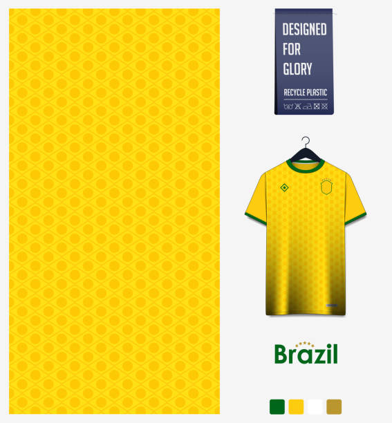 soccer jersey pattern design. brazil flag  pattern on yellow background for soccer kit, football kit, sports uniform. t shirt mockup template. fabric pattern. abstract background. - world cup stock illustrations