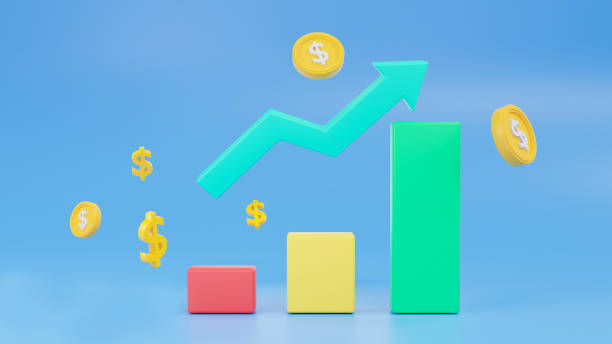 istock 3d bar chart money saving illustration with colored bars and increasing arrow with multiple arrangements of coins. bundles cash and floating currencies exchange with finance business concept. 3d rendering. 1427547099
