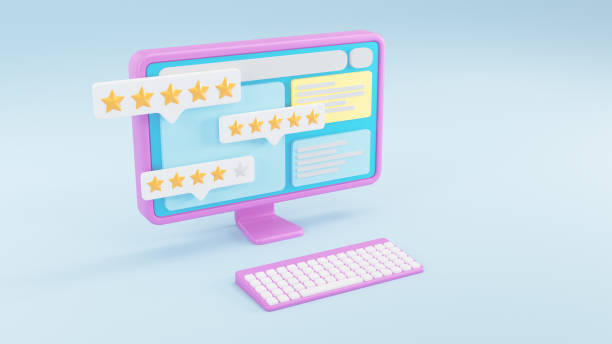 istock front view Computer 3d. screen with customer feedback. Five stars from customer reviews. Social media comment. Website or application quality service feedback.  Client feedback, online shopping. 1427547149