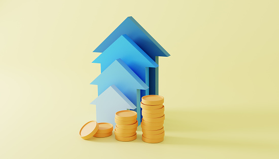 blue rising arrows and coin stacks profit graph on yellow background. Financial success and growth concept. 3d rendering illustration