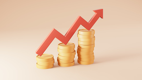 Red rising arrow and coin stacks profit graph on pink background. Financial success and growth concept. 3d rendering illustration