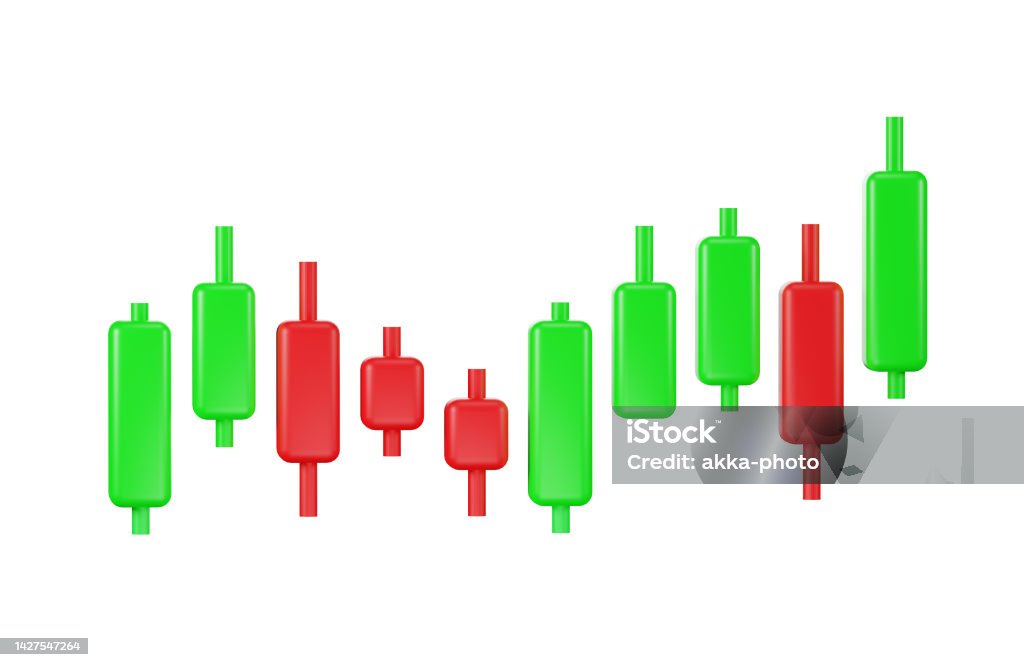 Uptrend bullish candlestick finance chart, stock market, crypto trading graph red and green with volume indicator. 3d render illustration Analyzing Stock Photo
