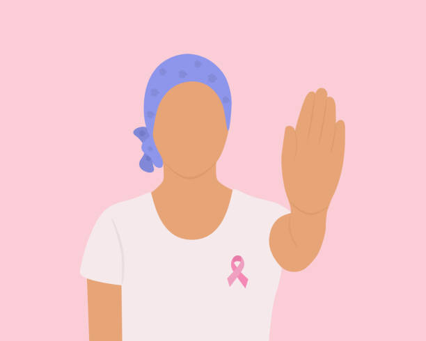 ilustrações de stock, clip art, desenhos animados e ícones de cancer patient woman wearing headscarf and making stop hand gesture - mulher careca