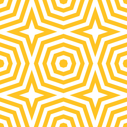 Vector geometric seamless pattern with concentric shapes, stripes, lines, stars, octagons. Yellow and white optical art texture. Creative psychedelic design. Stylish geometric modernist background