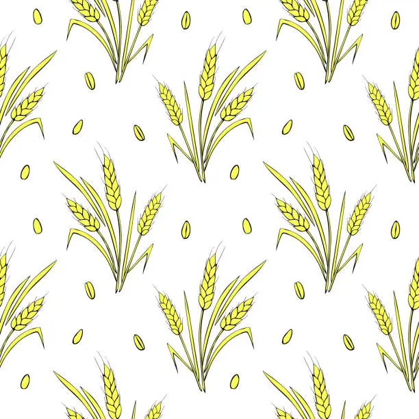 Vector illustration of Wheat spikelets and grains, vector seamless pattern in doodle flat style, isolated. Design of print, wrapping paper, packaging on theme of bakery products, flour, harvest, thanksgiving.