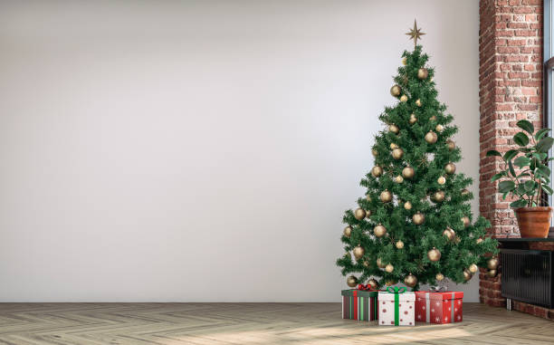istock Empty unfurnished nostalgic retro living room with a white plaster wall and partly ruined brick wall and Christmas decoration 1427552186