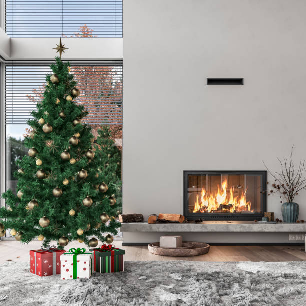 istock A modern living room with a Christmas tree in front of a fireplace in foreground - front view 1427552234