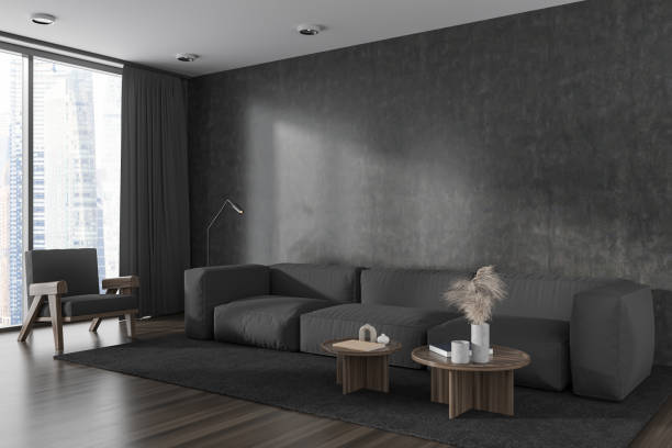 istock Grey chill interior with couch and armchair, panoramic window. Empty wall 1427552268