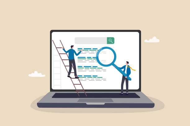 ilustraciones, imágenes clip art, dibujos animados e iconos de stock de clasificación seo, optimización de motores de búsqueda para mejorar la posición de los resultados de búsqueda para estar en la cima y hacer más tráfico al concepto de sitios web, el equipo de marketing de empresarios mueve la clasificación del siti - motor de búsqueda
