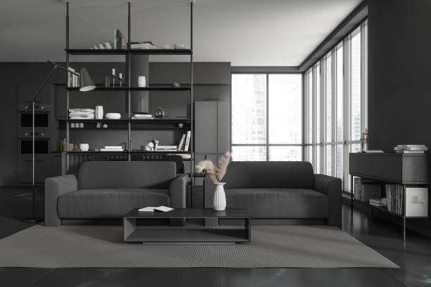 istock Grey studio interior with relax area and cooking area with panoramic window 1427554759