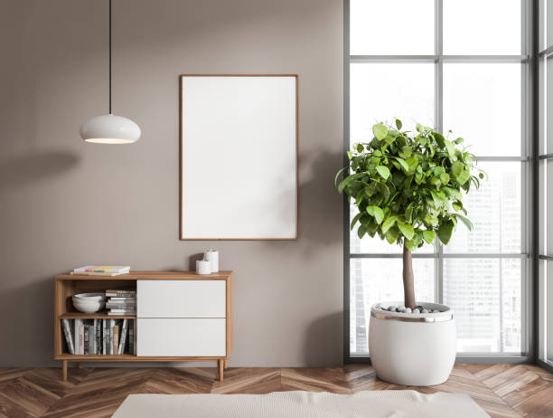 istock Modern relax interior with dresser and plant, window and mockup frame 1427554884