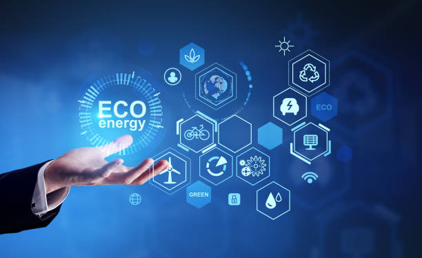 istock Businessman hand hold eco energy digital hud interface, resources icons 1427555179