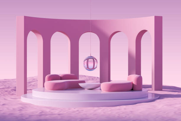istock Abstract exterior with soft place and coffee table, pink arch and desert 1427555289