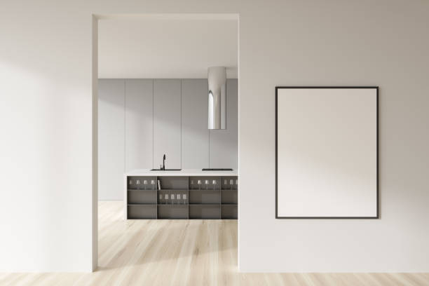 istock Light kitchen interior with countertop and wine glasses. Mockup frame 1427556012