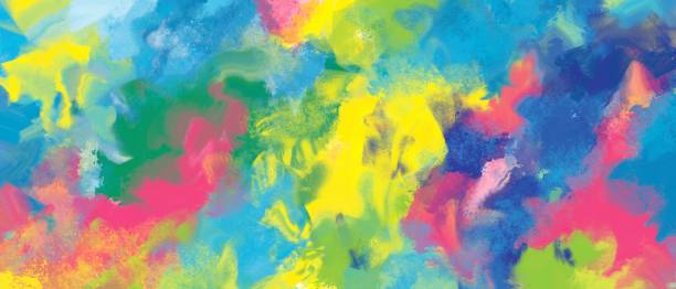 istock Oil painting abstract art. Colorful horizontal background. Vivid multi-colored rough brushstrokes. Yellow, green, blue, pink. Energetic and cheerful concept 1427556360