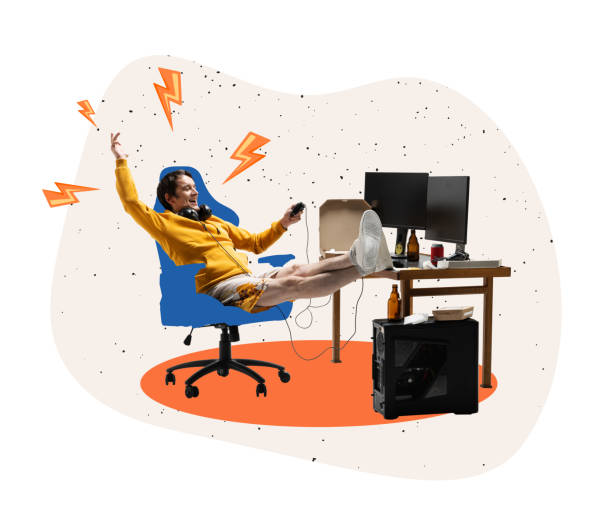 istock Young man, student sitting at home, playing computer games. Colorful minimalism. Business, studying, education, youth, remote workplace concept 1427557062