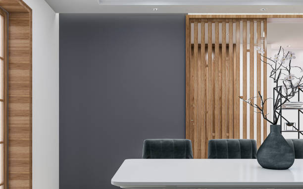 istock Elegant dining room with table and decoration, a hallway in the background 1427559605