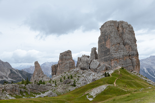 View of Cinque Torri from refuge Scoiattoli, Dolomites, Italy