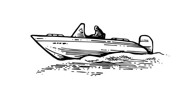 ボートは波に乗っています。小さな船は海、湖、川を航行します。側面図。モーター付きプラスチック複合ボート。手描きのアウトラインスケッチ。白い背景に隔離されています。ベクトル� - nautical vessel yacht isolated speedboat点のイラスト素材／クリップアート素材／マンガ素材／アイコン素材