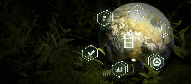istock Sources for renewable, sustainable development. Environment,ecology and energy saving concept.Energy resources icons on crystal earth on dark green nature background. Conservation idea 1427564914