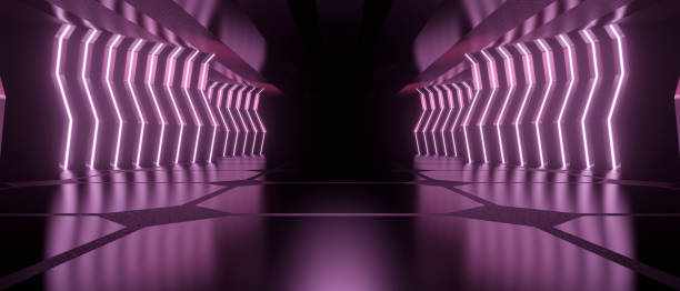 istock Abstract 3D Retro Modern Spaceship Studio Showroom Gallery Concrete Asphalt Floor Hangar Tunnel Corridor Deep Violet Tech Background Wallpaper 3D Render 1427565431