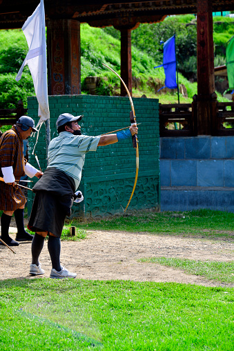 Thimphu, Bhutan: amateur archers practicing - archery is Bhutan's national sport.